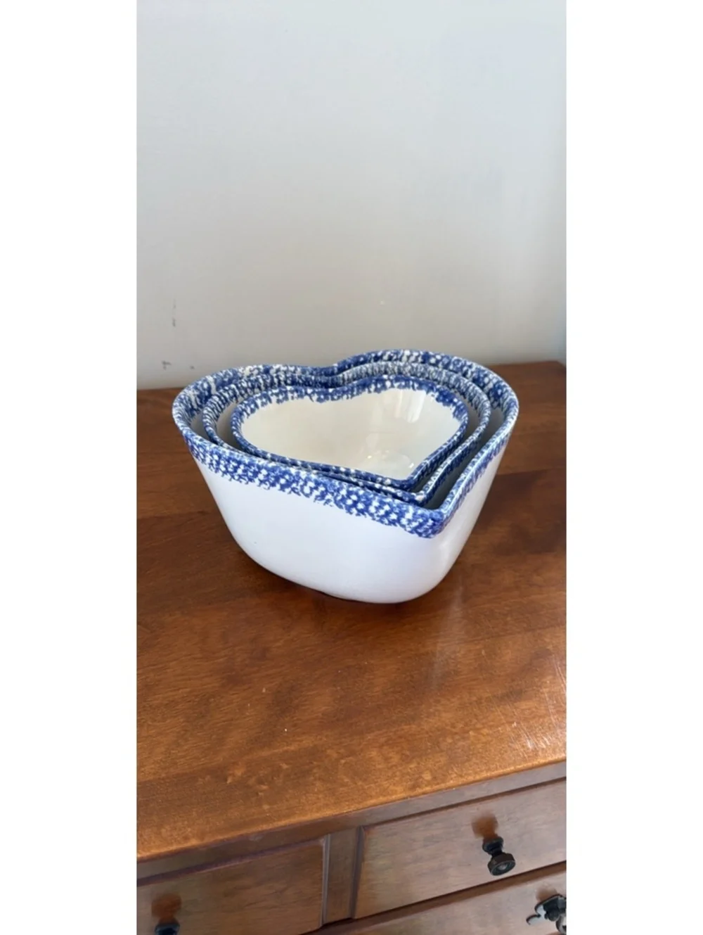 Vintage Set of Three Nesting Heart-Shaped Speckled Blue Ceramic Bowls